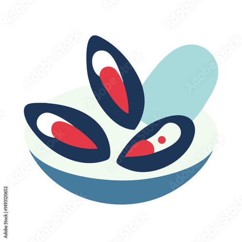 Stylized vector illustration of mussels served in a bowl, representing seafood dishes and coastal culinary culture.
