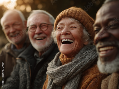 Diverse Elderly Friends Laughing Together in Park
