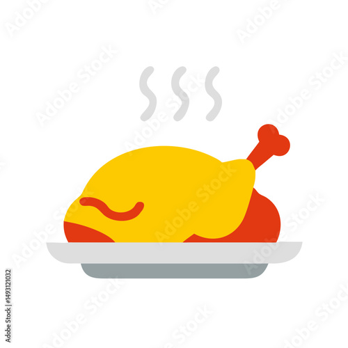 Colorful flat illustration of a steaming roast chicken on plate, perfect for dinner, holiday meals, or restaurant designs.
