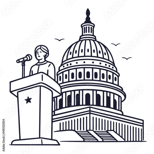 Woman Politician Speaking at Podium in Front of Government Building Illustration