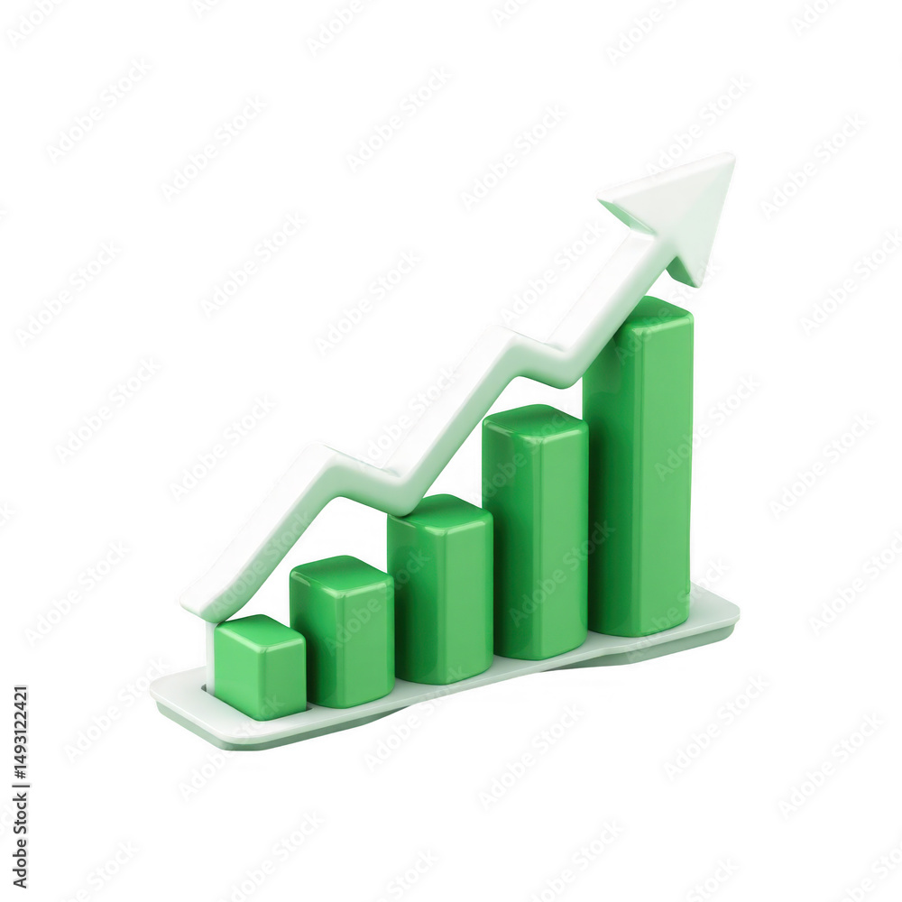 Green Growth Chart with Rising Arrow and Cylindrical Bars Symbolizing Success Green Growth Chart with Rising Arrow and Cylindrical Bars Symbolizing Success