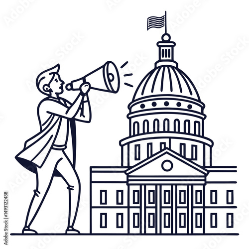 Woman Politician Speaking at Podium in Front of Government Building Illustration