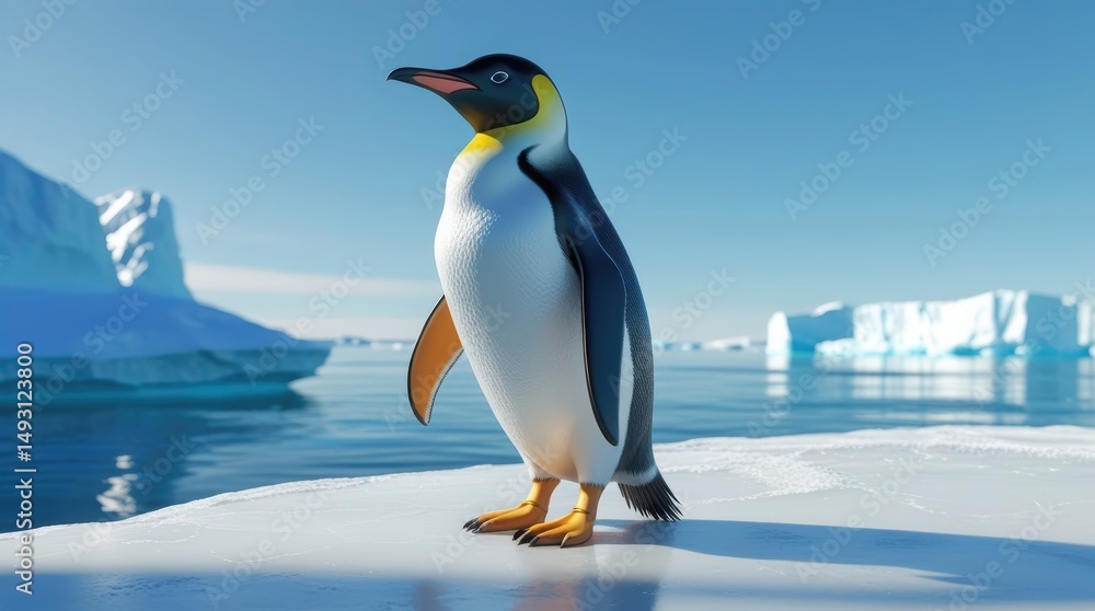 Obraz premium An emperor penguin stands on an ice floe among icebergs and snowy cliffs under a blue sky.