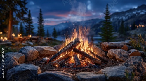Cozy campfire at night, warm flames illuminating stones, surrounded by tall trees, perfect for storytelling and relaxation.