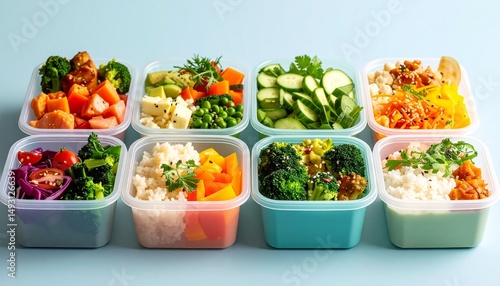 Frozen Food Trends concept. Healthy meal prep in clear containers arranged neatly.