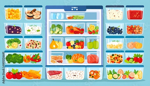 Frozen Food Trends concept. Illustration of a well-organized refrigerator with various food items.