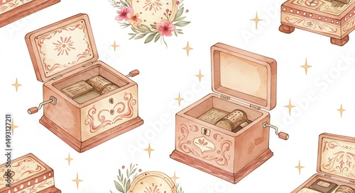 Watercolor Pattern of Antique Music Boxes with Floral Accents