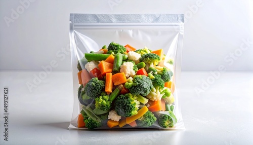 Frozen Food Trends concept. Frozen mixed vegetables in a clear storage bag.