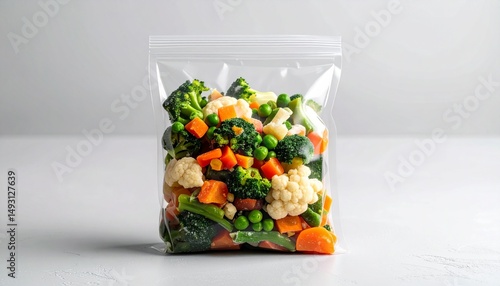 Frozen Food Trends concept. Frozen mixed vegetables in a clear plastic bag on a neutral background.