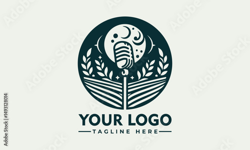 Vintage microphone illustration with musical notes and expressive hand gesture in decorative circular frame. Music concept
