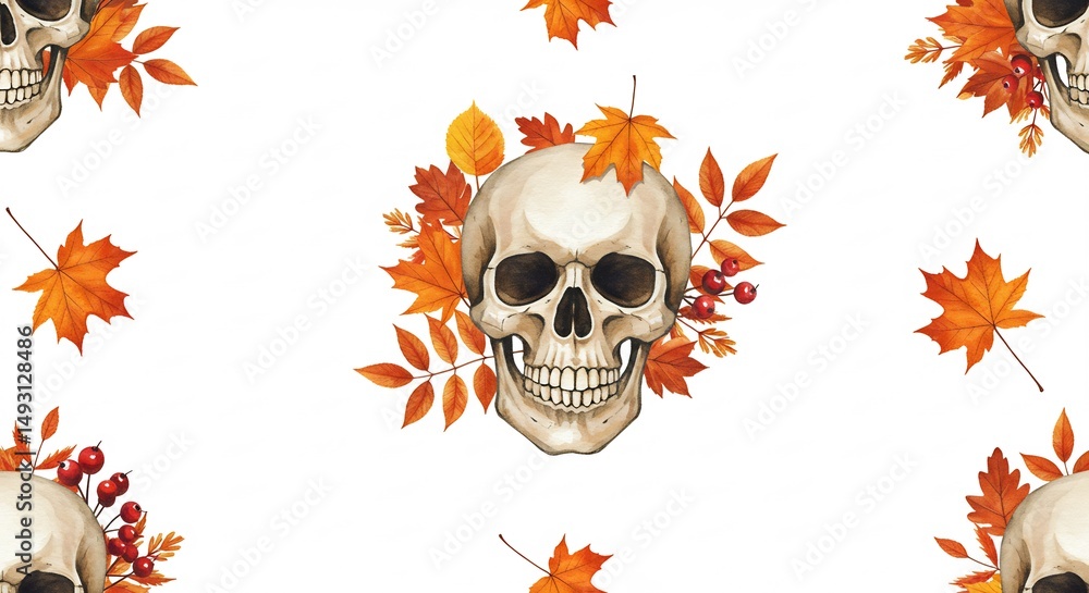 Watercolor Skull and Autumn Leaves Seamless Pattern Watercolor Skull and Autumn Leaves Seamless Pattern