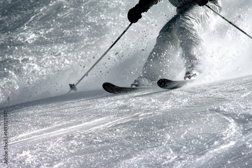 Close-Up of Skier Gliding Down a Snowy Slope with Powder Snow Flying in the Air and Ski Equipment Visible for Winter Sports Enthusiasts