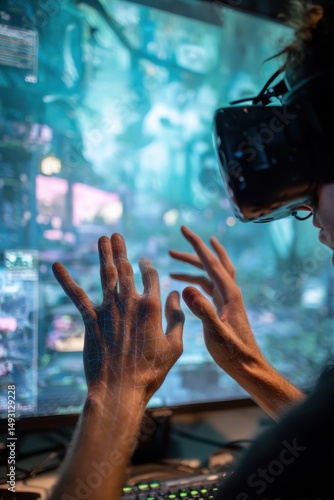 Wallpaper Mural Person Wearing VR Headset Interacting With Digital Interface, Illustrating Technology Adoption and Immersive Experience : Generative AI Torontodigital.ca