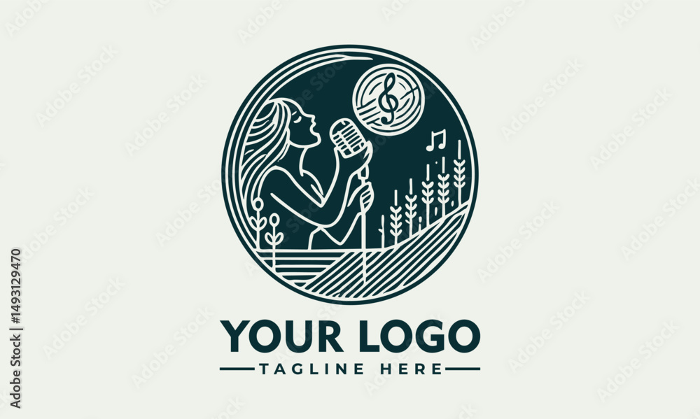 Obraz premium Vintage microphone illustration with musical notes and expressive hand gesture in decorative circular frame. Music concept 