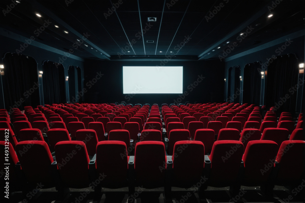 Fototapeta premium A typical theater setting with rows of red chairs and a large projector screen