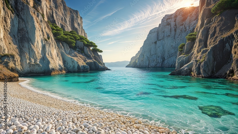 Fototapeta premium Serene cove with crystal-clear turquoise water, white pebble beach, and dramatic cliffs. A picturesque summer getaway.