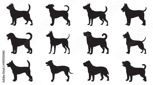 Set of Silhouettes of Different Dog Breeds in Various Poses, Perfect for Animal, Pet, and Dog-Related Designs. Clean and Simple Illustrations Ideal for Pet Industry and Animal Lovers.