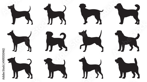 Set of Silhouettes of Different Dog Breeds in Various Poses, Perfect for Animal, Pet, and Dog-Related Designs. Clean and Simple Illustrations Ideal for Pet Industry and Animal Lovers.
