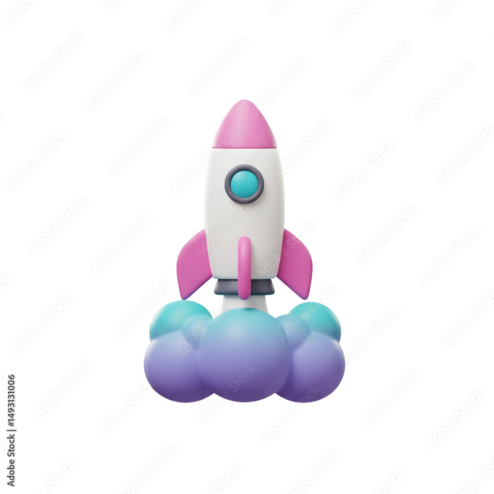 Colorful rocket launch, innovative and inspiring, taking off from a fluffy cloud Colorful rocket launch, innovative and inspiring, taking off from a fluffy cloud