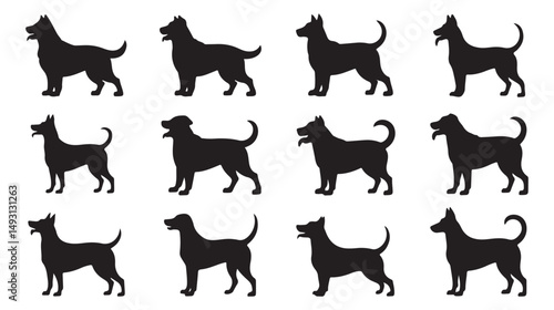 Set of Silhouettes of Different Dog Breeds in Various Poses, Perfect for Animal, Pet, and Dog-Related Designs. Clean and Simple Illustrations Ideal for Pet Industry and Animal Lovers.