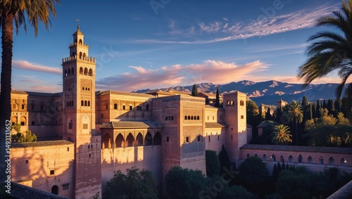 Sunset casts a warm glow on a historic palace complex, its intricate architecture and tall towers silhouetted against the vibrant sky. Palm trees frame the scene, adding to the exotic atmosphere.