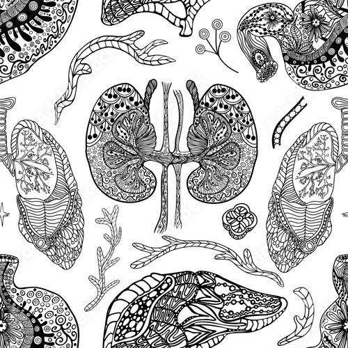 Seamless vector pattern of anatomical human lungs with bronchial tubes and medical details in hand-drawn black and white style
