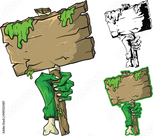 Illustration of a wooden clue board and a vector cartoon monster hand