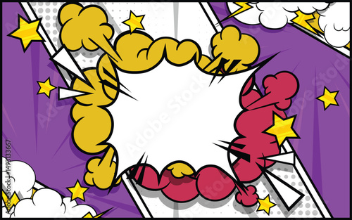 Pop art comic background with halftone colors and cute clouds