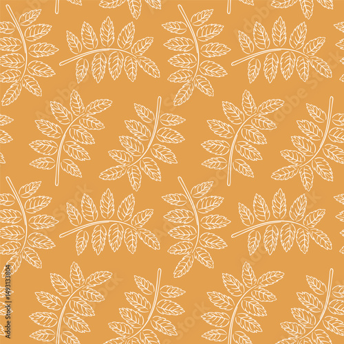 Seamless autumn pattern with rowan leaf in line art style. Abstract leaf texture, endless background for wallpaper, package.