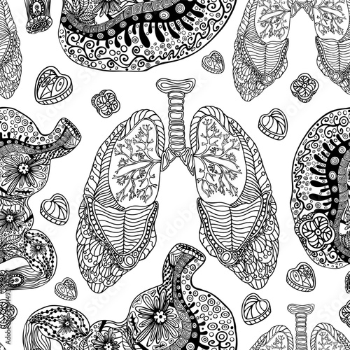 Anatomical Lung Pattern in Zentangle Style. Seamless black and white pattern of human lungs with trachea and bronchial tree in intricate zentangle line art style