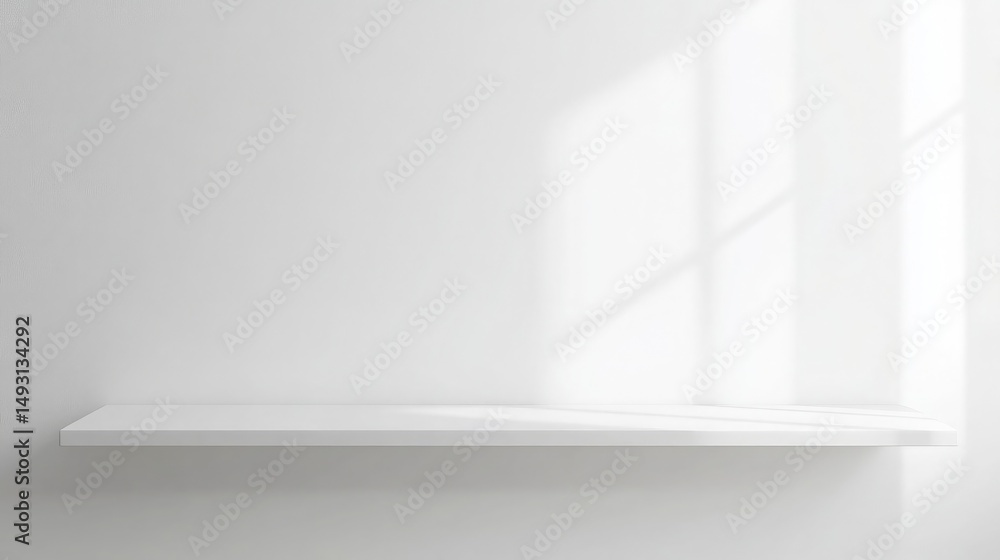 Fototapeta premium White shelf on a white wall with window light creating shadows in an interior space
