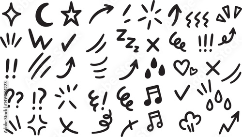 Cartoon Emphasis & Emotion Vector Elements – Hand Drawn Doodle Arrows, Sparkles, Shock Lines, Movement Marks, Comic Style Icon Set for Anime Effects, Stickers, Posts, Thumbnails & Illustration Design
