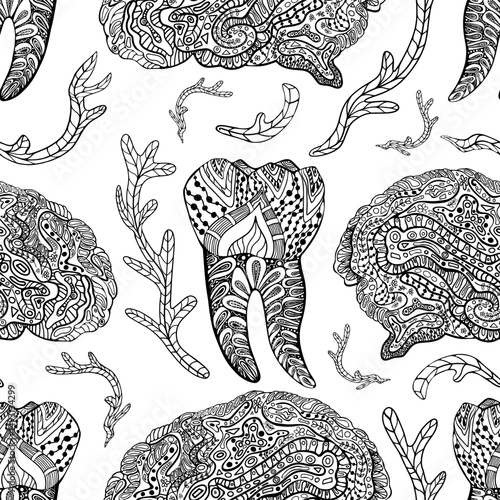 Seamless vector pattern of anatomical human tooth with nerve roots, brain, and internal organs in hand-drawn monochrome medical style