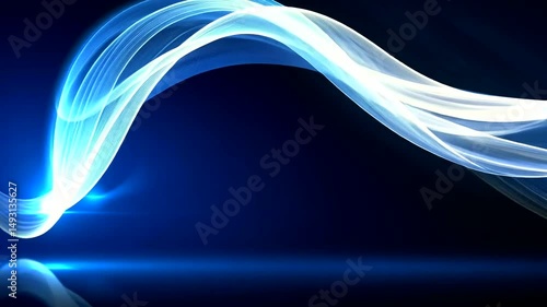 Wavy-shaped, light blue and white abstract lines floating, against a gradient dark and light blue background with a bright flare
