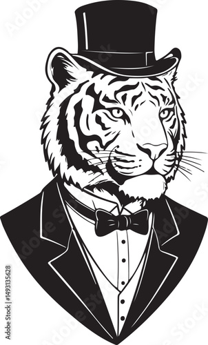 black and white cartoon illustration of a tiger