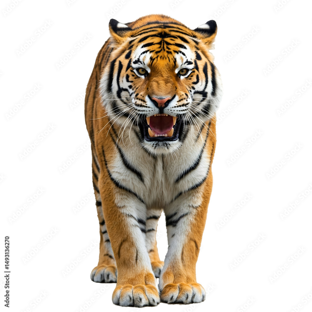Fototapeta premium Majestic Bengal Tiger Walking Forward with Open Mouth isolated on a transparent background 
