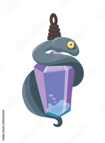 Necklace with a magical crystal wrapped around a snake, Halloween. Flat vector, clipart illustration isolated on white background.