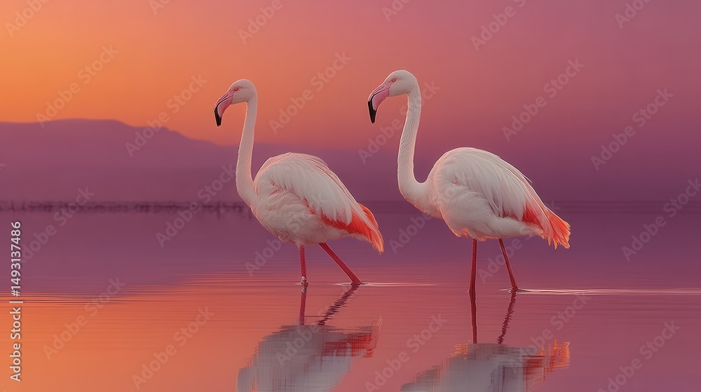 Obraz premium Flamingo mirrored pose pair, elegant symmetry on soft ombra sky, mirror reflection version