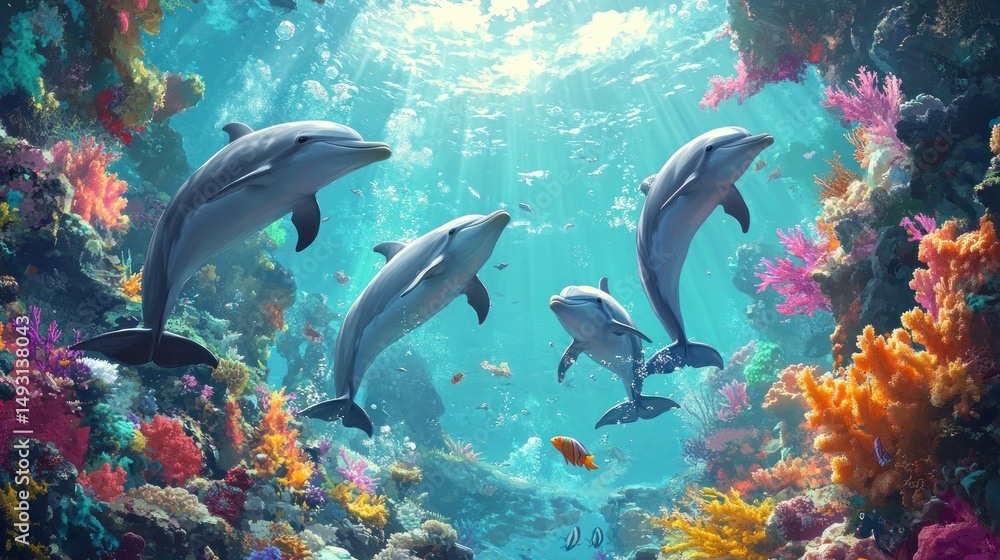 Fototapeta premium Four dolphins gracefully leap through a vibrant coral reef. Sunlight streams down, illuminating the underwater scene