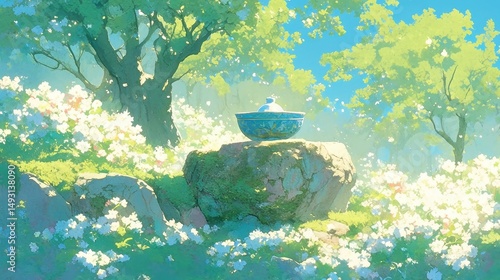 Fototapeta Naklejka Na Ścianę i Meble -  Serene Tea Moment in Blooming Landscape, a watercolor illustration depicting a delicate tea bowl on a mossy rock, embraced by vibrant white flowers in a city pop aesthetic.