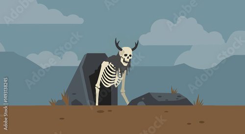 Pixel Art Skeleton Creature Emerging From Cave