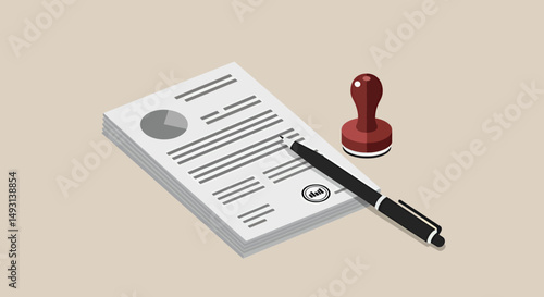 Pixelated Document Stack With Stamp And Pen On Beige Background