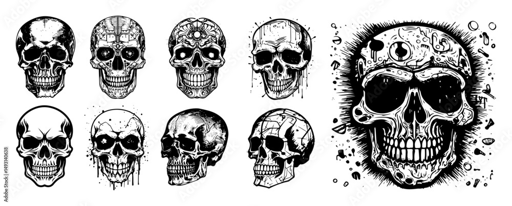 Obraz premium skull vector set with monochrome outline tattoo style illustrations