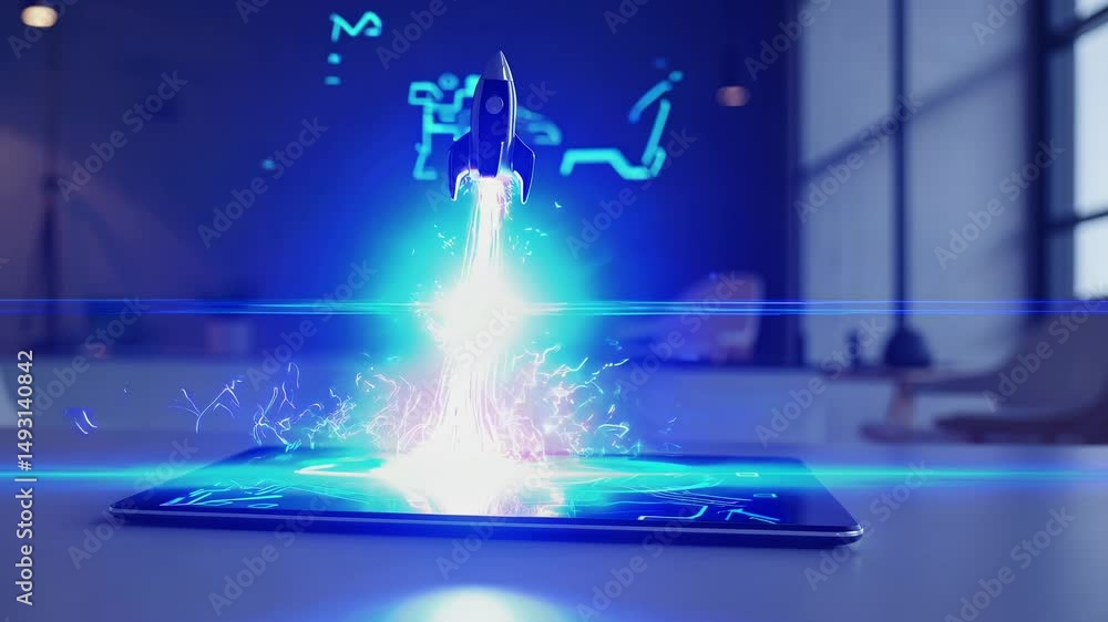 Futuristic Rocket Launch from Tablet: Glowing Spaceship on Digital Display Symbolizes Tech Innovation, Startup Growth, Entrepreneurial Success, and Digital Transformation in a Modern Age Futuristic Rocket Launch from Tablet: Glowing Spaceship on Digital Display Symbolizes Tech Innovation, Startup Growth, Entrepreneurial Success, and Digital Transformation in a Modern Age