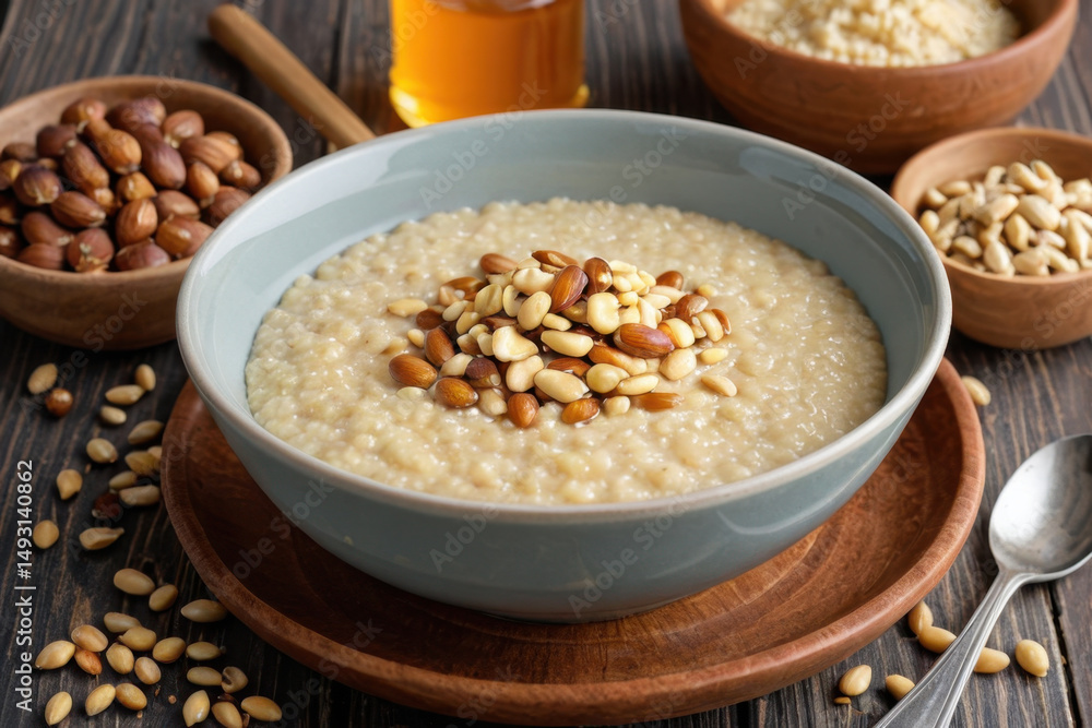 A warm and comforting bowl of oatmeal topped with nuts and honey, perfect for breakfast or snack A warm and comforting bowl of oatmeal topped with nuts and honey, perfect for breakfast or snack