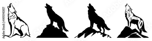howling wolf silhouette collection in monochrome wildlife style