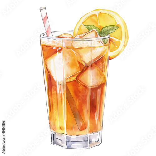 Watercolor iced tea with lemon on a transparent background