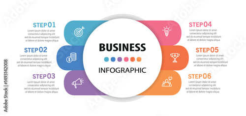 Infographic design business template with 6 options, steps. Can be used for workflow layout, diagram, annual report, web design	