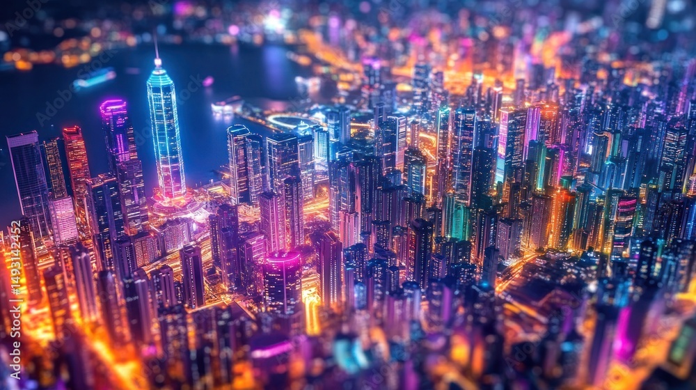 Fototapeta premium Vibrant metropolis at night. Skyscrapers, lights, and city life