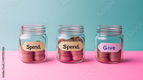 Transparent jars labeled for spending and giving with coins inside